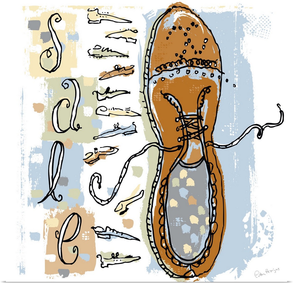 A gestural pen and ink wall art illustration of a wingtip shoe and a hand-written word SALE next to the wingtip shoe.