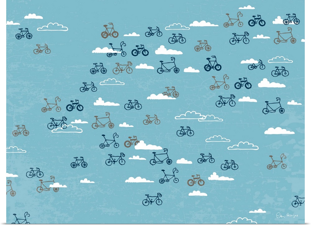 A variety of bikes floating in the blue sky surrounded by white clouds.