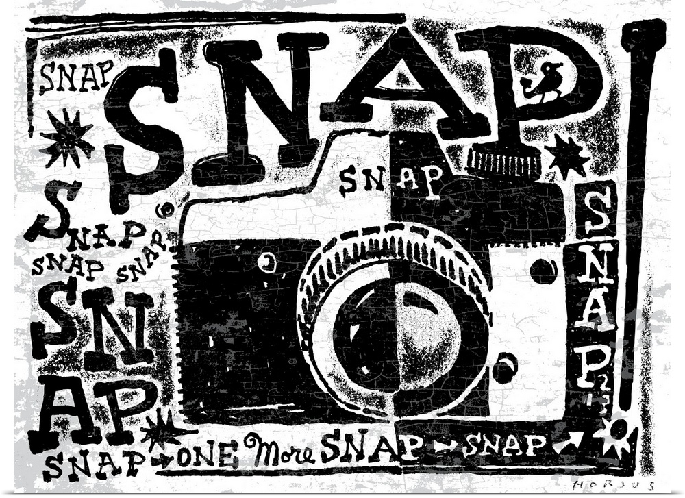 Black and white stylized illustrated camera with the word “Snap!” repeated all over.