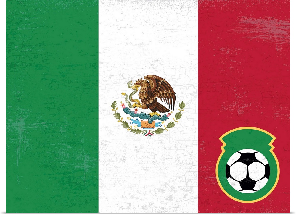 Flag of Mexico with soccer crest with soccer ball.