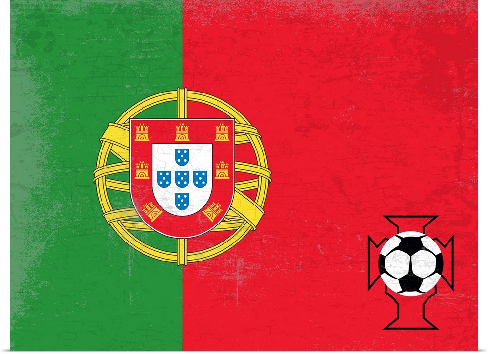 Flag of Portugal with soccer crest with soccer ball.