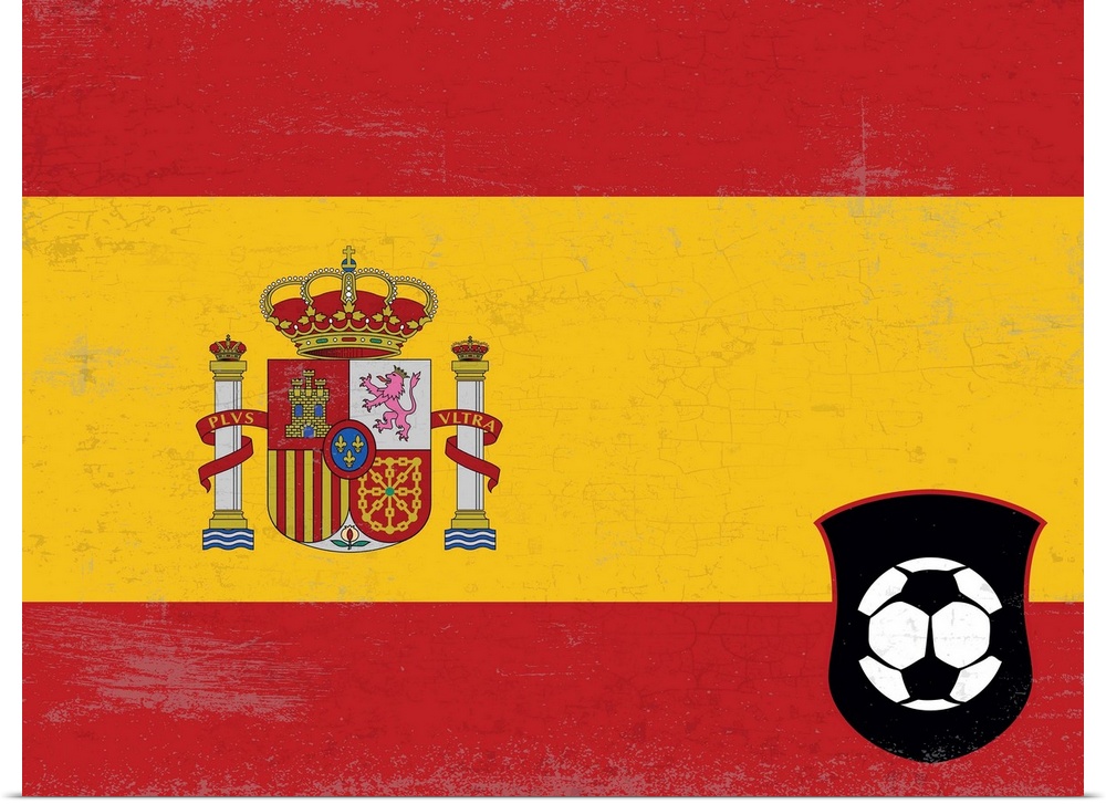 Flag of Spain with soccer crest with soccer ball.