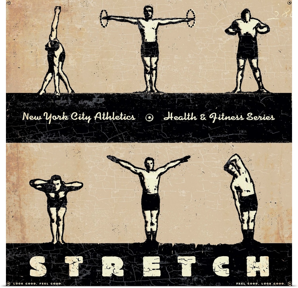 Vintage New York City Health Club poster wall art of 6 men in different exercise positions with old school vintage typogra...