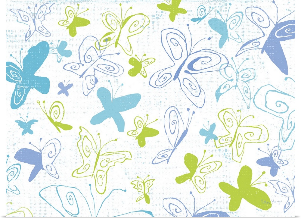 A group of pen and ink illustrated whimsical butterflies fluttering about on a white background.