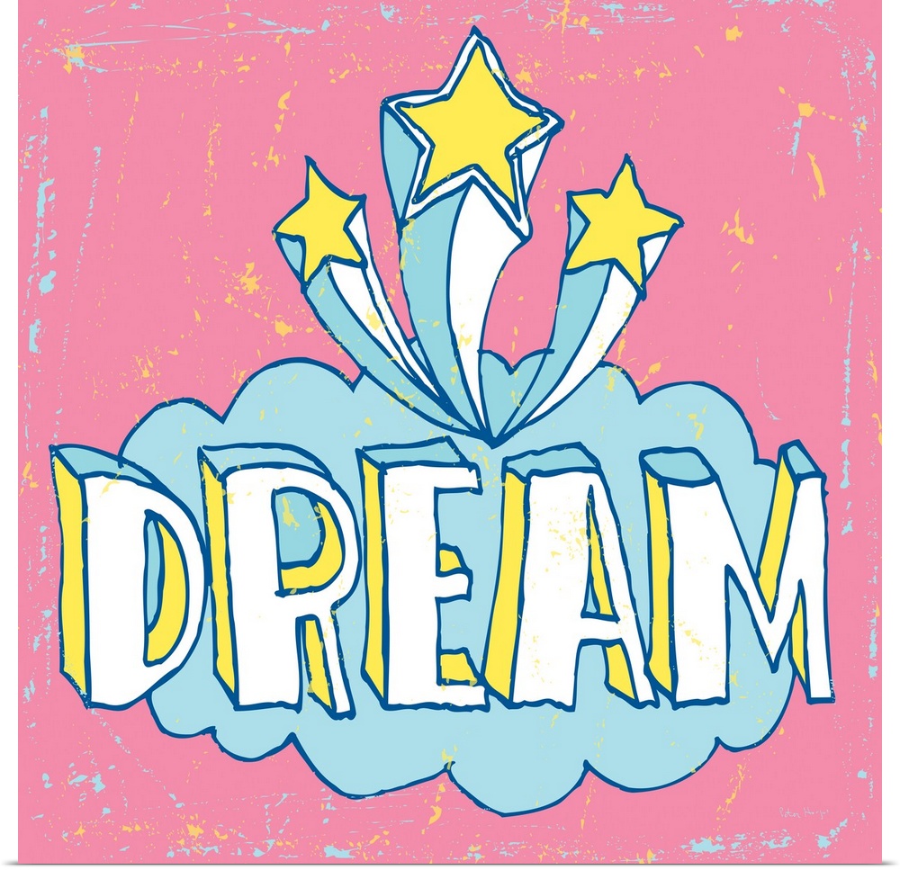 The word "Dream" handwritten in a cloud with stars on a light blue background.