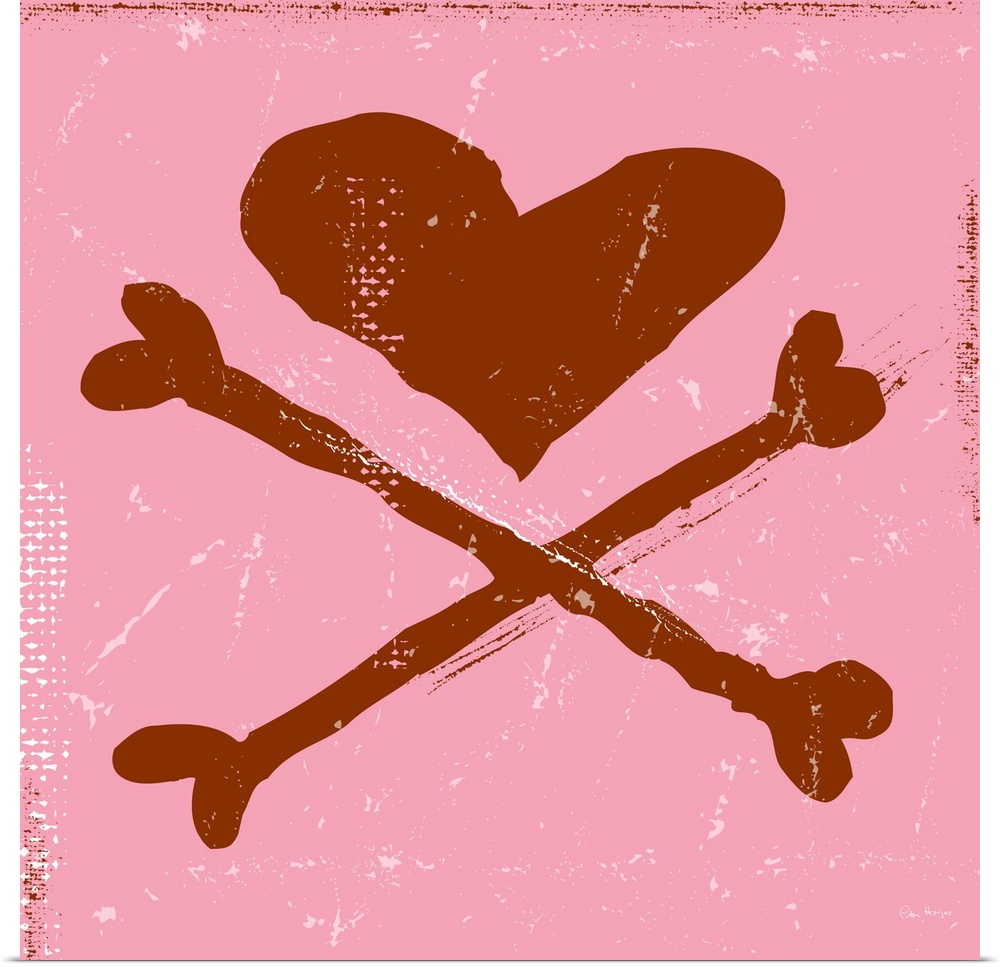 A illustrated skull and crossbones, the skull in the shape of a heart on a pink background