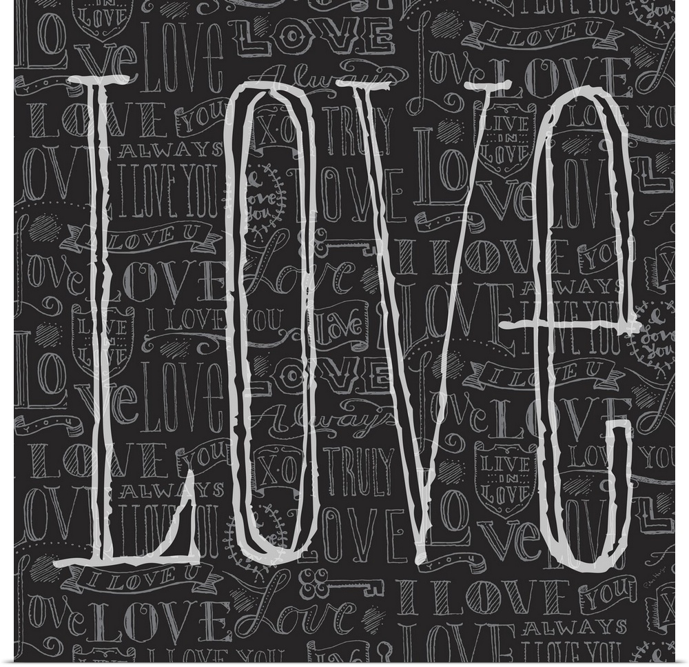 Pen and ink handlettered illustration of love icons repeated on a black background with the word "LOVE" overlapped large.