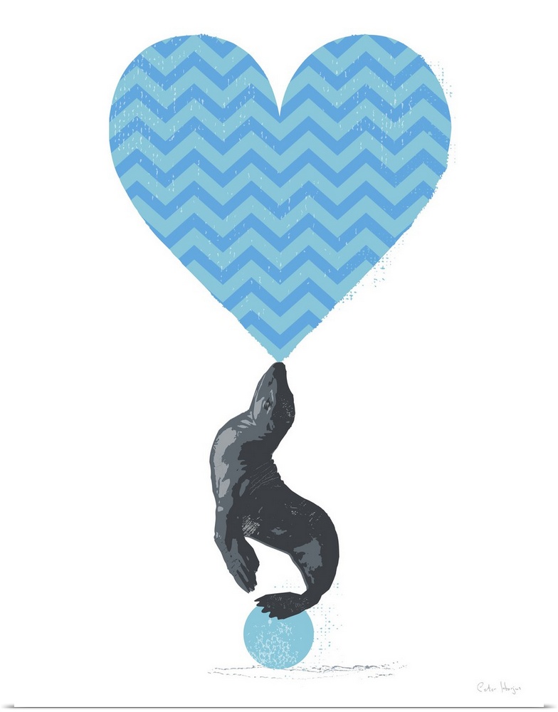 Graphic art of a seal balancing a large blue chevron heart on its nose standing on a blue ball.