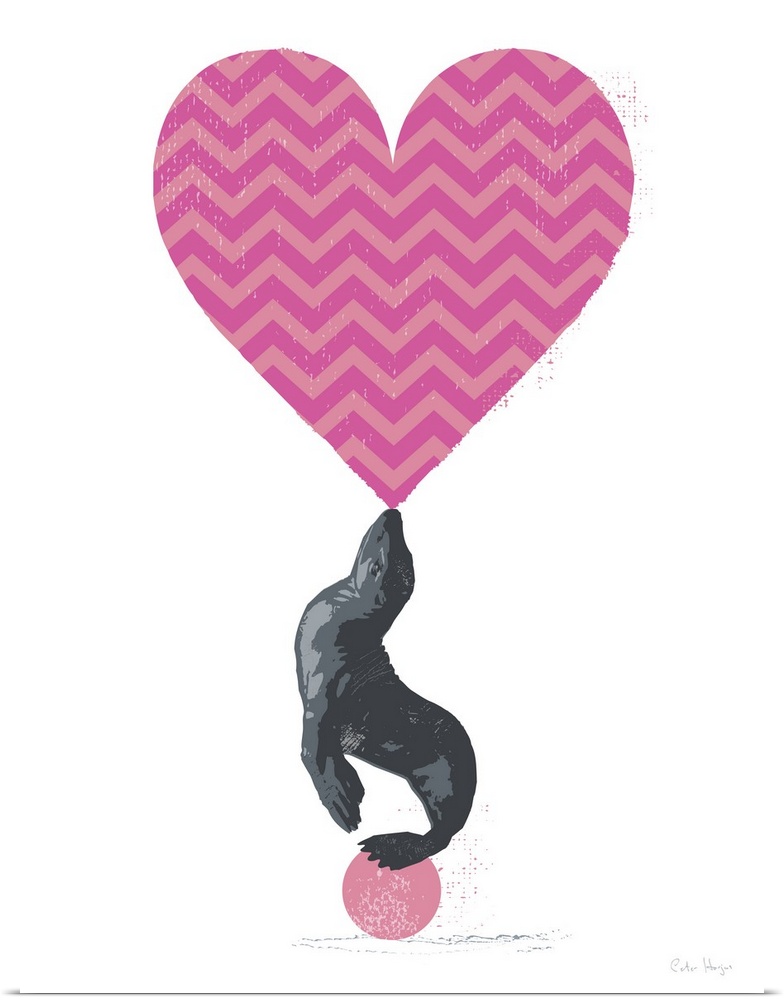 Graphic art of a seal balancing a large pink chevron heart on its nose standing on a pink ball.