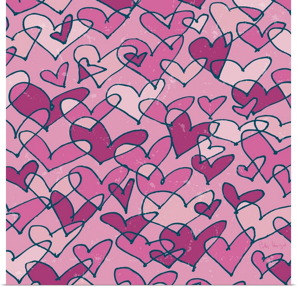 A pattern of pen and ink illustrated pink hearts on a pink background.