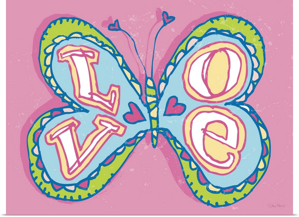 A pen and ink illustrated butterfly with the word "LOVE" handwritten in the wings.
