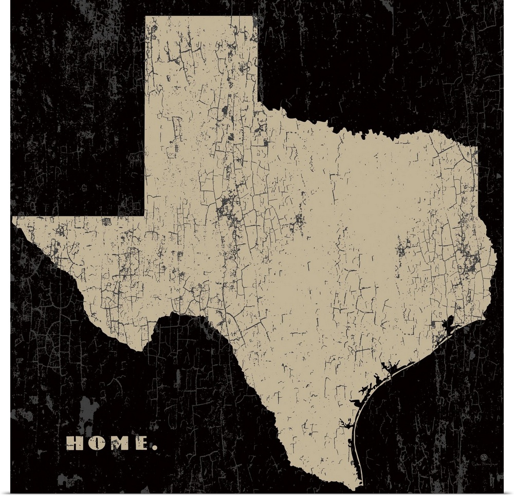 Distressed wall art graphic art of the state of Texas with the word home in the lower left corner on a sepia background.