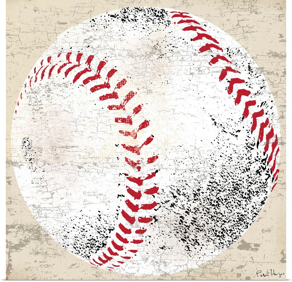 Vintage style wall art of an old distressed baseball on tan and sepia background.