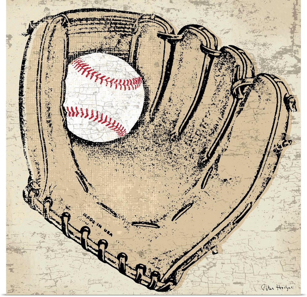 Vintage style wall art of an old distressed baseball glove on tan and sepia background.