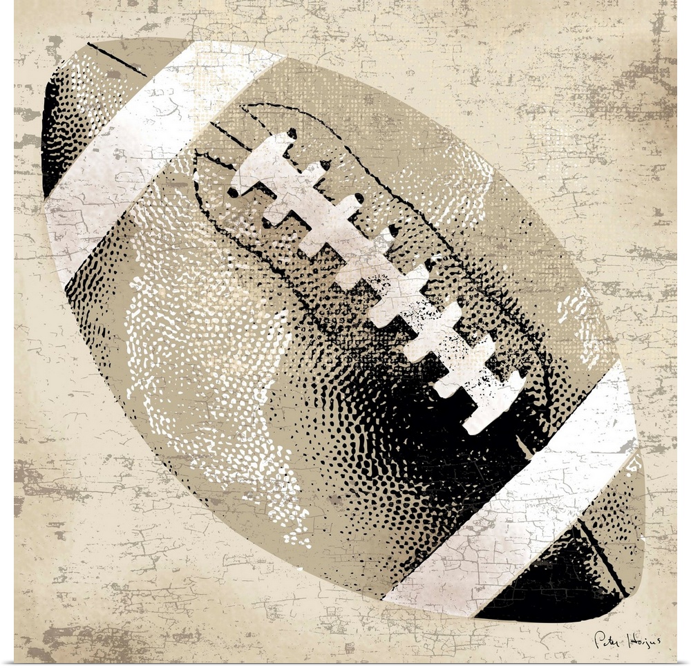 Vintage style wall art of an old distressed football on tan and sepia background.