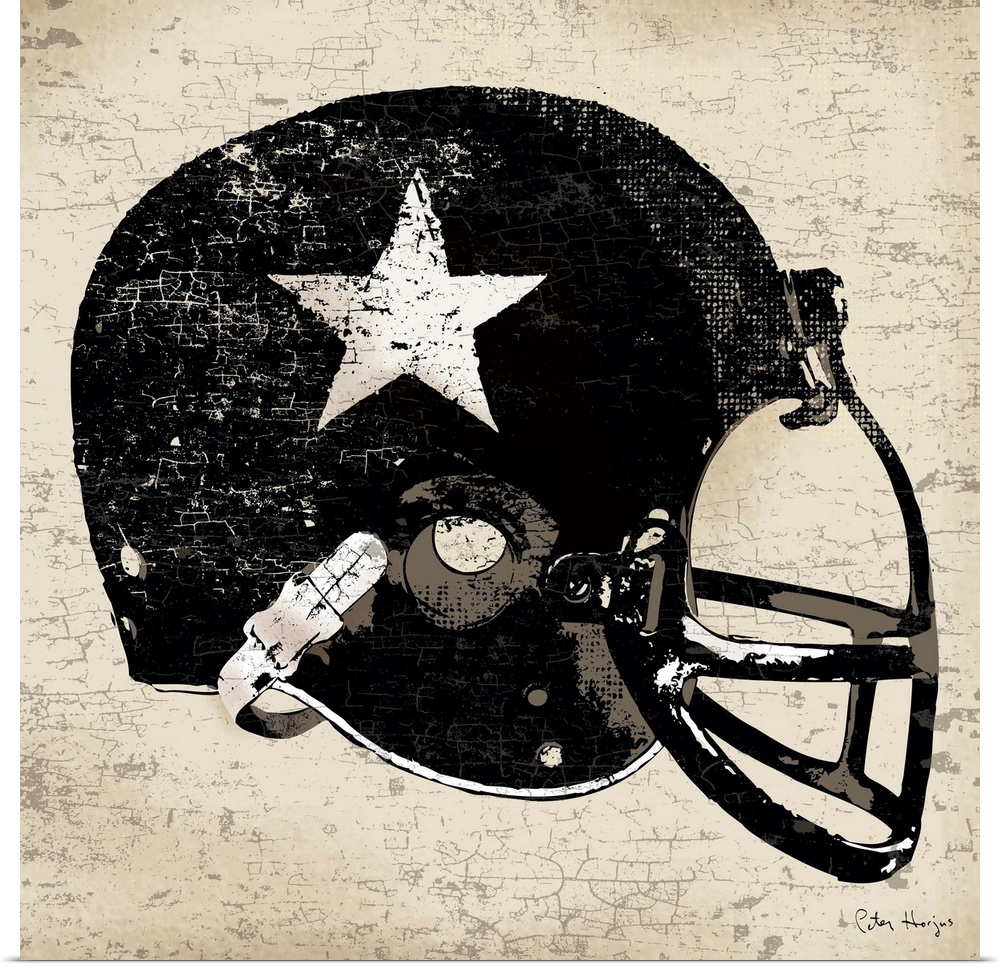Vintage style wall art of an old distressed football helmet on tan and sepia background.