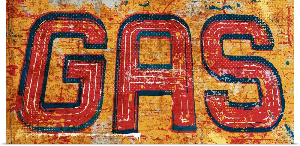 Graphic rusty wall art of distressed typography with the the word GAS large and in center on a yellow background.