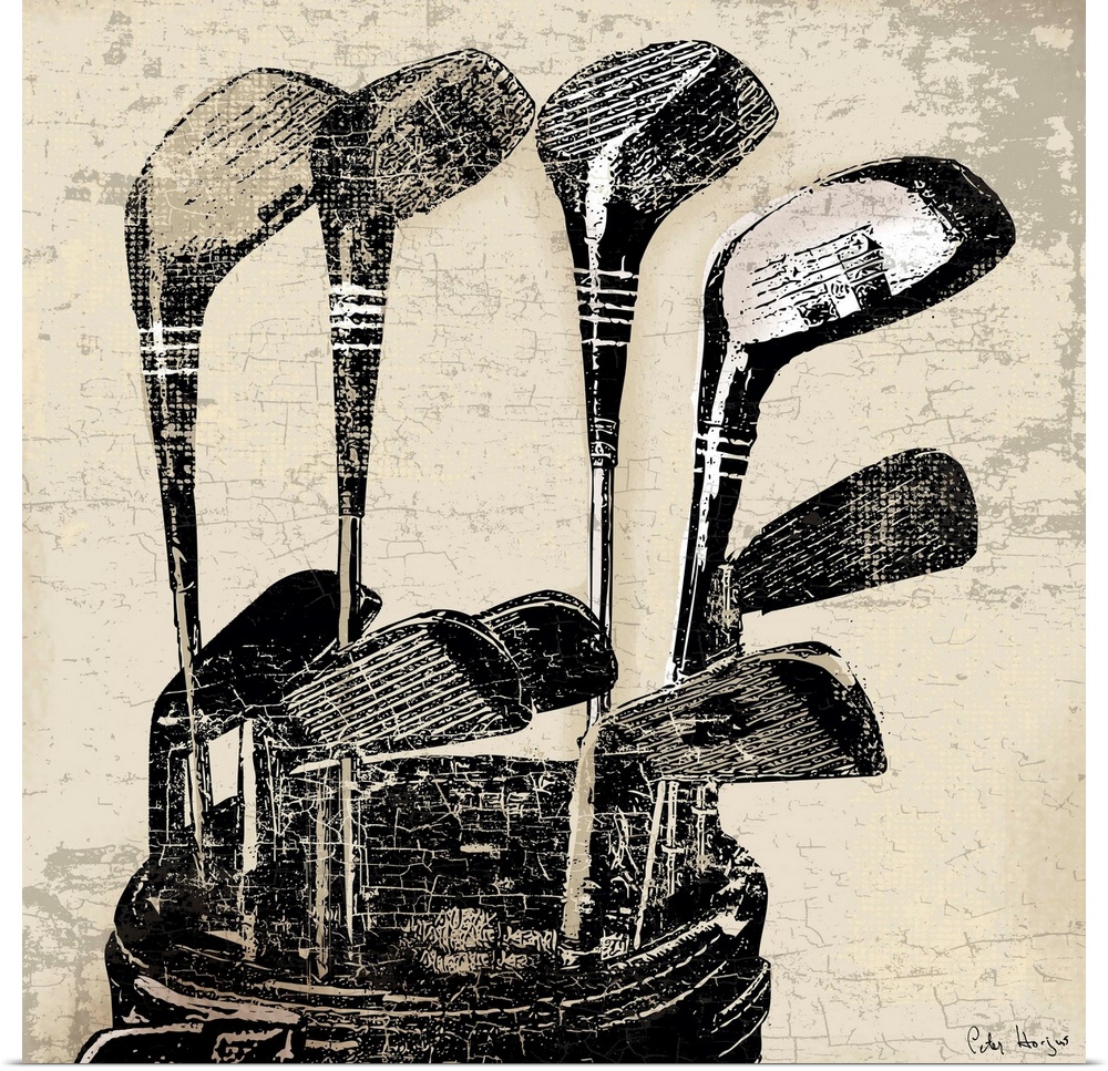 Vintage style wall art of an old distressed golf clubs on tan and sepia background.