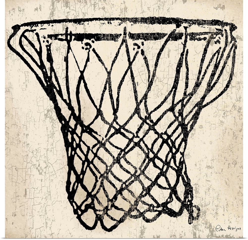 Vintage style wall art of an old distressed basketball hoop on tan and sepia background.