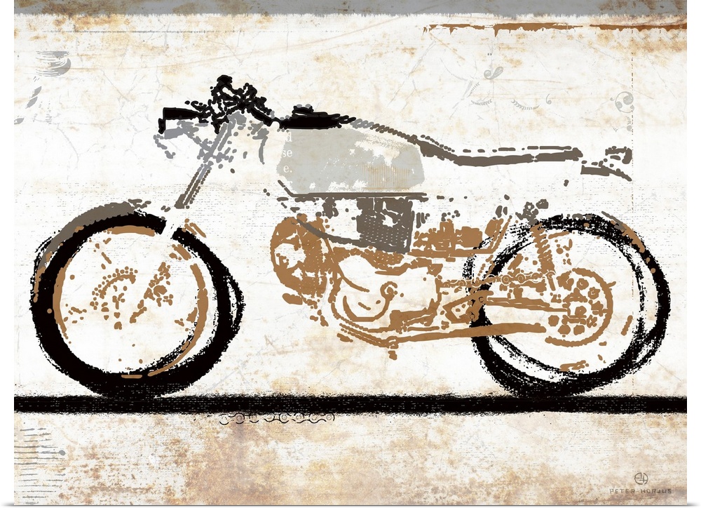 A gray, black and tan vintage motorcycle minimalist art sketch on a white rust background.