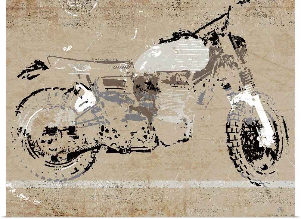 A gray, black and tan vintage motorcycle minimalist art sketch on a gray rust background.