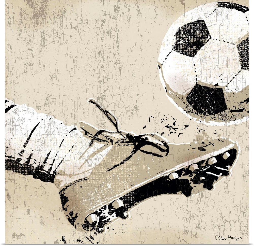 Vintage style wall art of an old distressed soccer cleat and foot striking soccer ball on tan and sepia background.