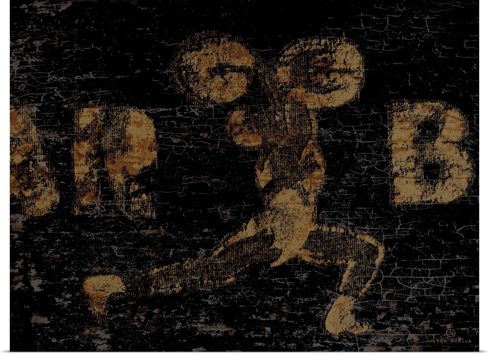Distressed vintage wall art of a gold image of a weightlifter with barbell overhead on a black background.