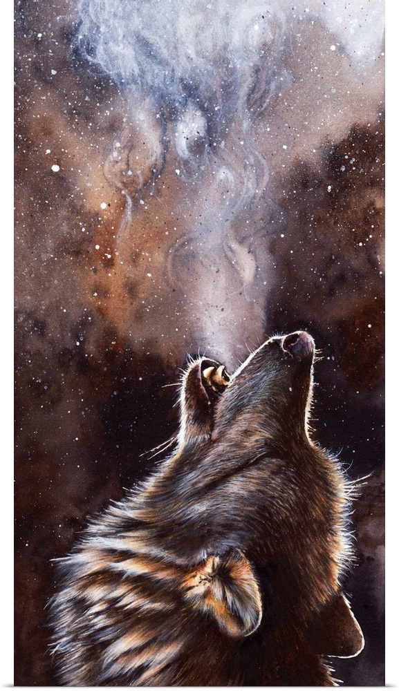Watercolor painting of a howling wolf.