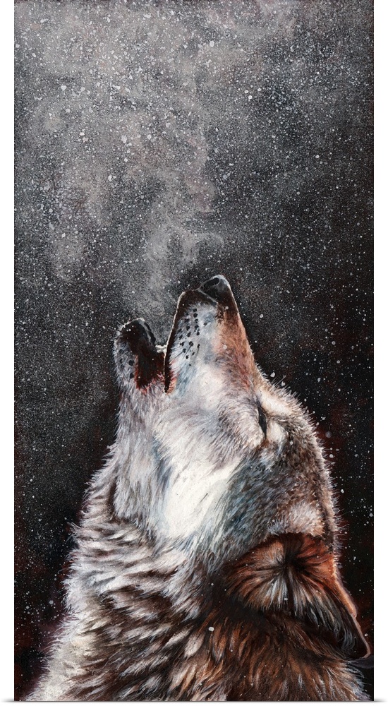 A wolf howling into a snowy night sky