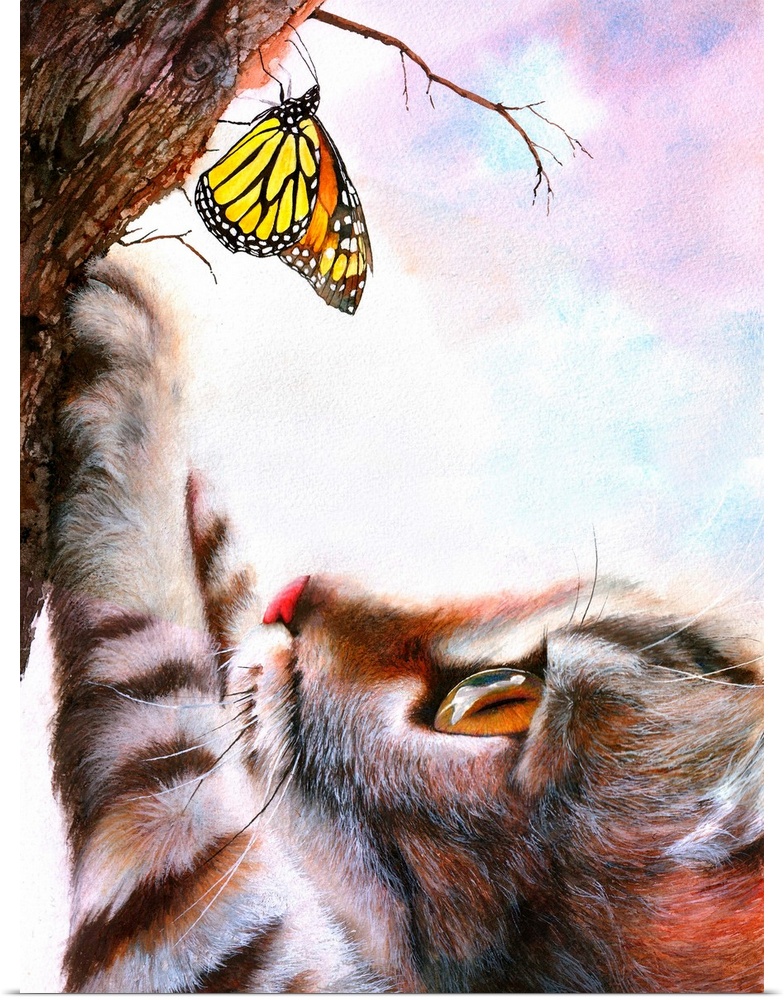 Mixed media painting of a cat reaching out for a butterfly on a tree.