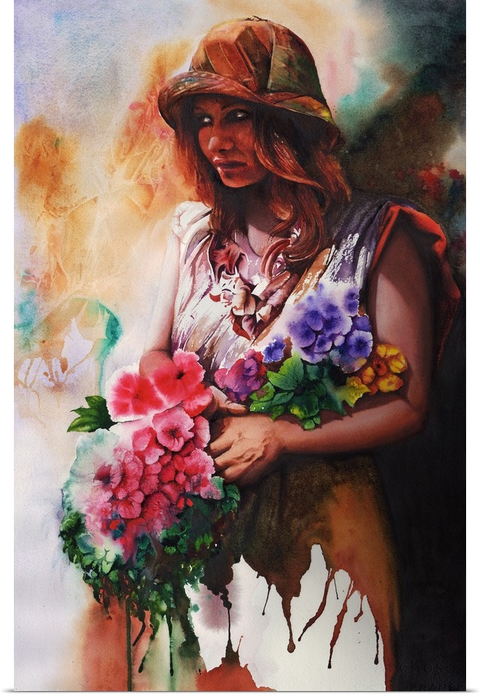 A loose watercolor portrait of a flower girl, holding a bouquet.
