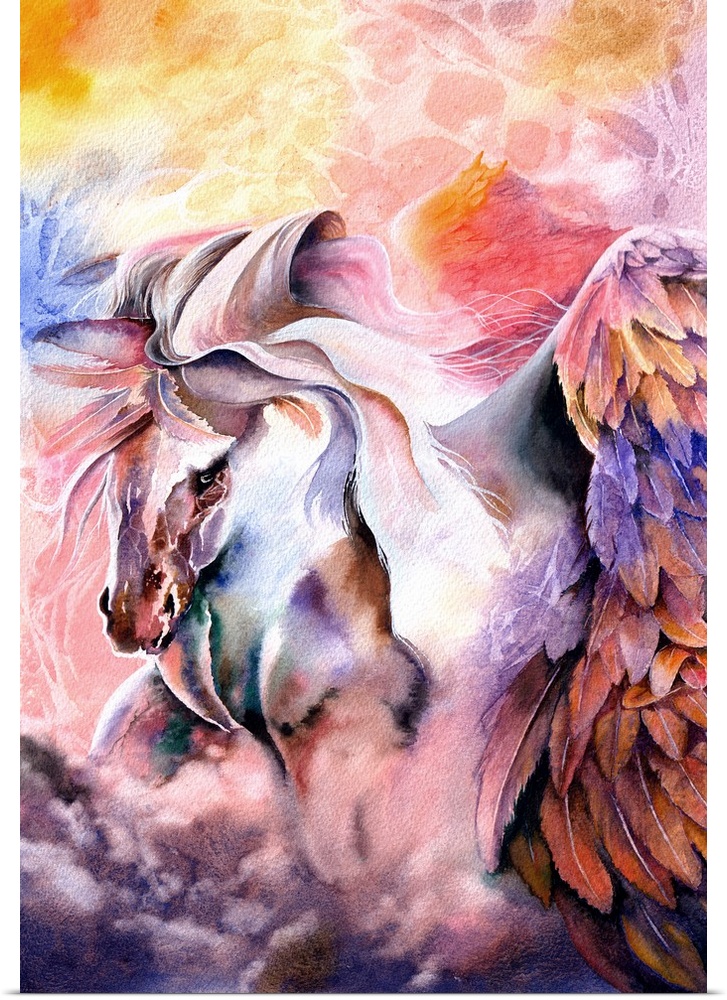 An impressionistic watercolour painting of a mighty winged horse.