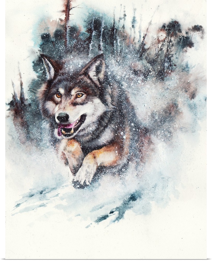 A watercolor painting of a running wolf in snow