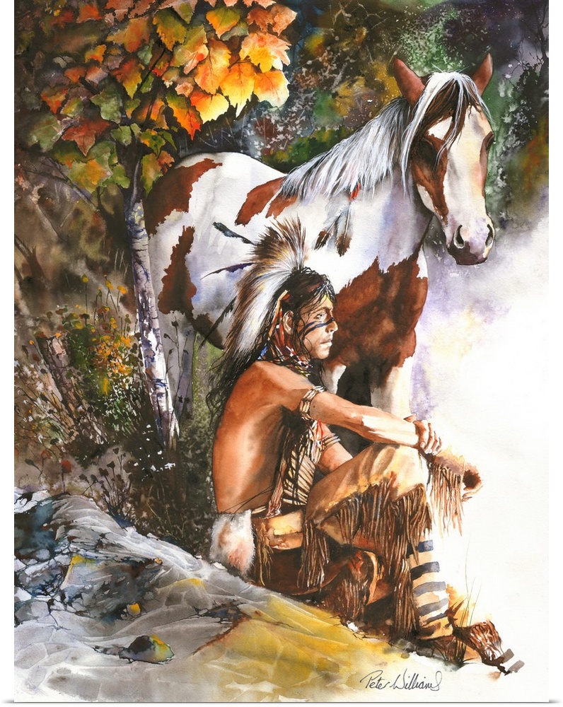 A native American Indian looks out at the rising sun, the warm mornings sun rays wash over him and his pony.
