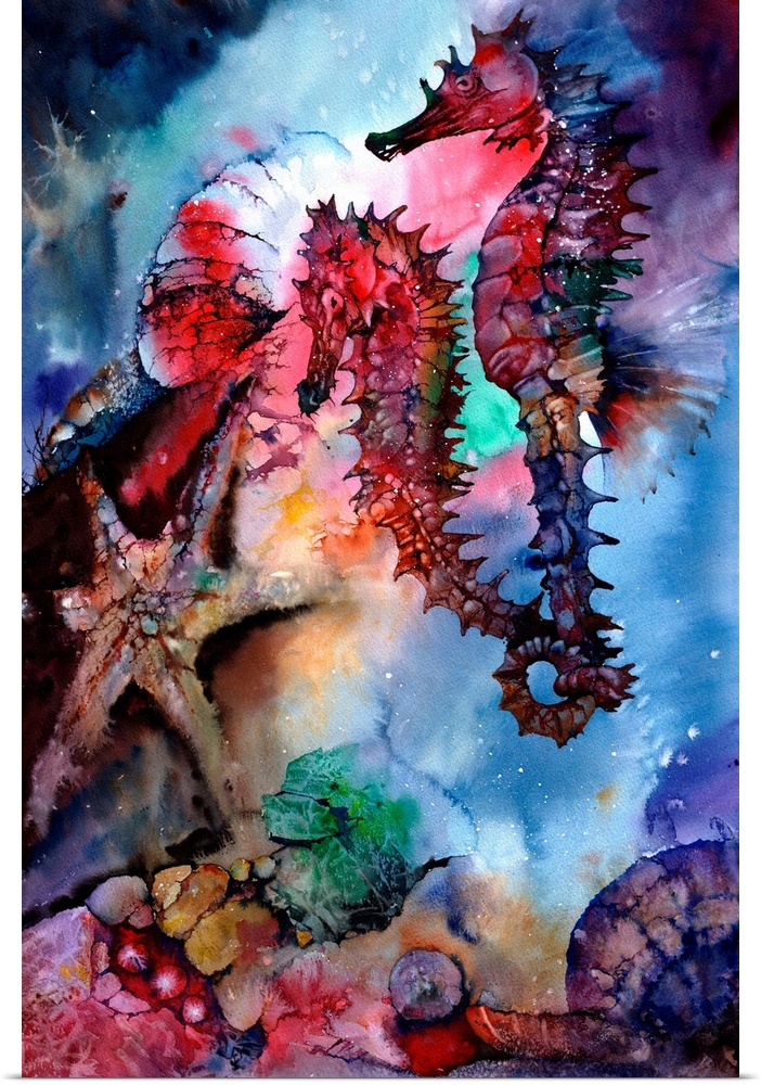 A colorful, impressionistic watercolor depicting sea horses and other sea creatures. Loosely painted with intense colors.