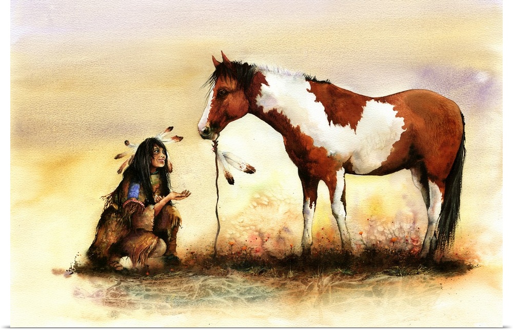 A Native American Indian girl offers a treat to an Indian pony. Originally painted with watercolour on paper.