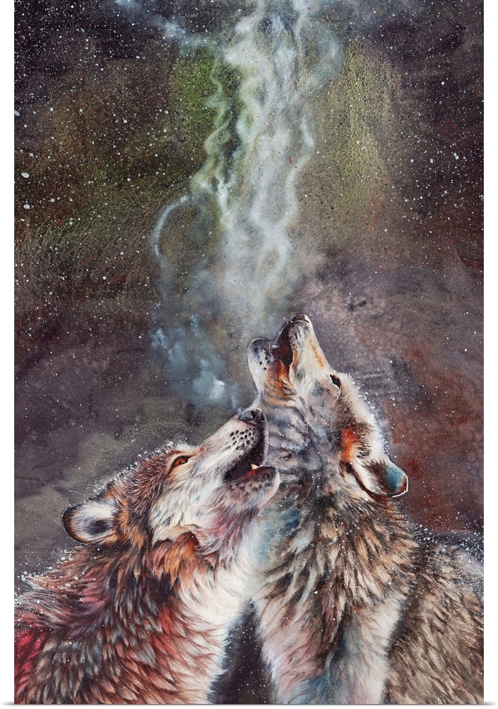 Originally painted with watercolors, a portrait of two howling timber wolves on a cold and snowy night.
