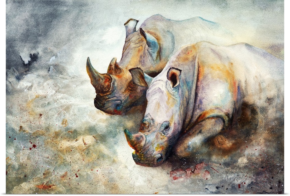 An impressionistic painting of charging African rhino, created with watercolour and iridescent paints.