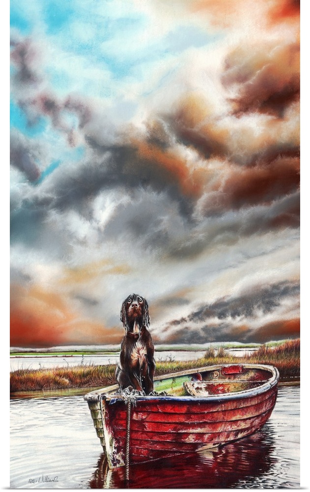 A pastel and colored pencil drawing of Jeff the dog who found his way aboard an abandoned boat on a Suffolk marsh.