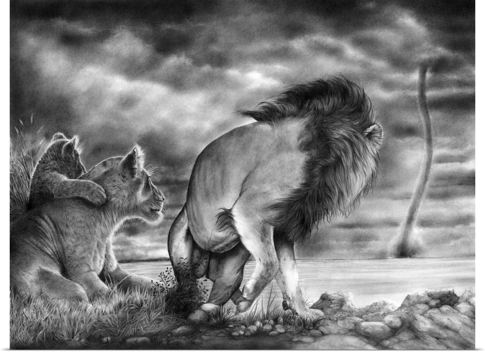 Originally created with graphite pencil, a dramatic image of a lion family nervously looking back as a dust devil approaches.