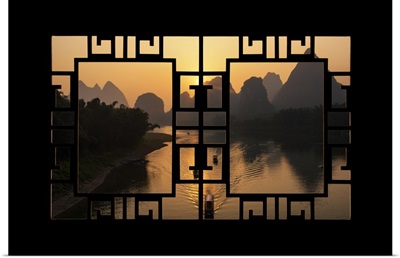 Asian Window, Great View of Yangshuo with Karst Mountains at Sunrise