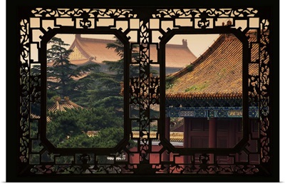 Asian Window, Roofs of Forbidden City at Sunset, Beijing