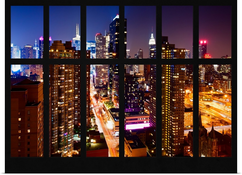 Artistic photograph New York city at night as if viewed from a window.