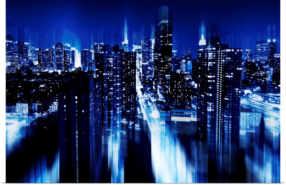 New York lights at night with a blue hue, with a layered effect creating a feeling of movement.