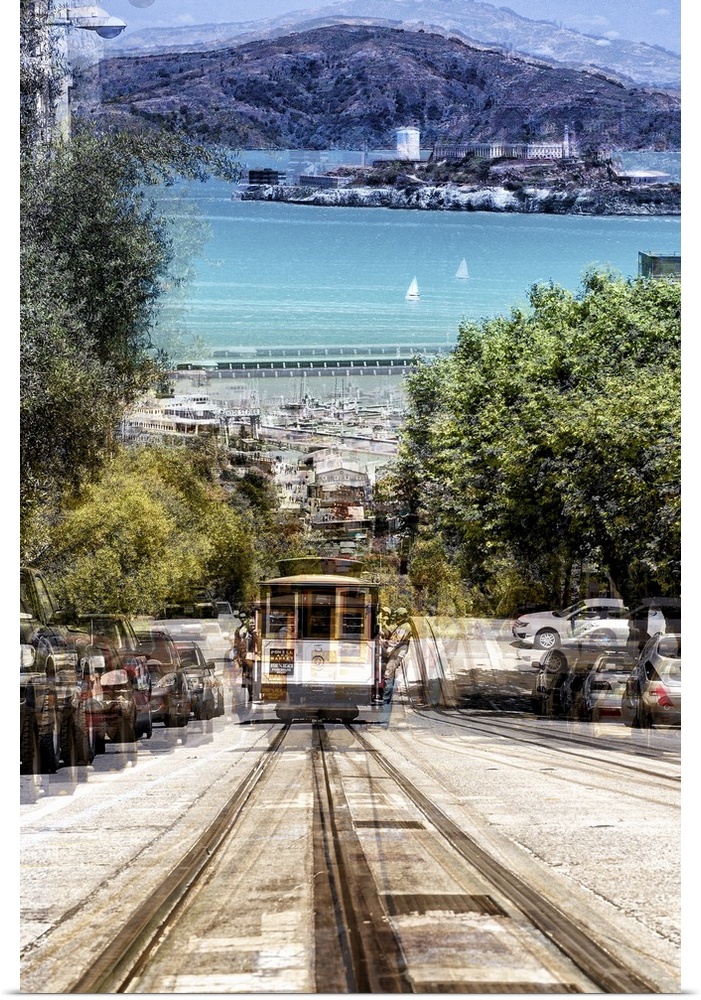 Tram going up a hill in San Francisco with a view of the bay with a layered effect creating a feeling of movement.