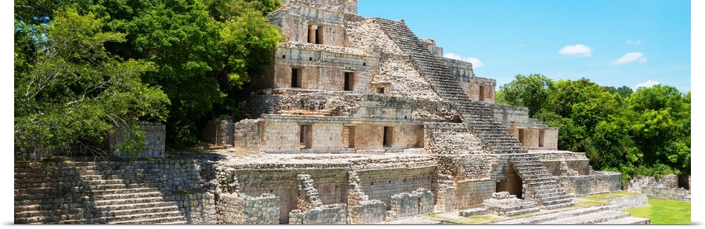 Panoramic photograph of ancient Mayan ruins at an archaeological site in Campeche, Mexico. From the Viva Mexico Panoramic ...