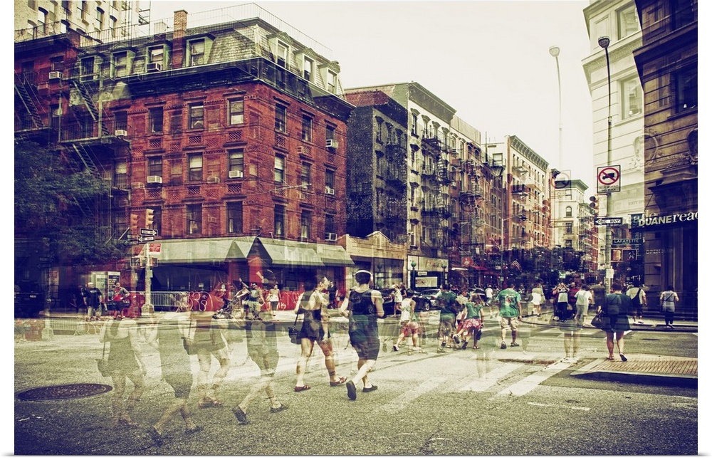Pedestrians in the street in New York, with a layered effect creating a feeling of movement.