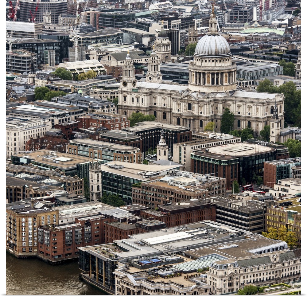 View from above of the London cityscape, including St Paul's Cathedral.