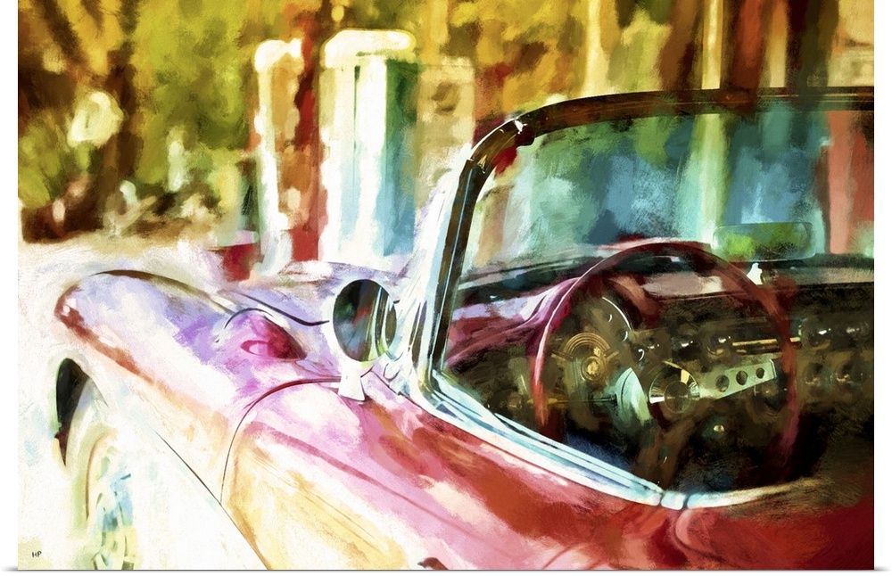 A photograph of a classic car with a painterly effect.