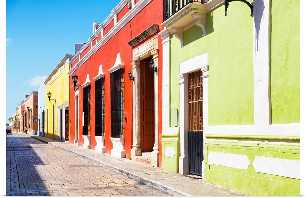Photograph of a colorful street view in Campeche, Mexico. From the Viva Mexico Collection.
